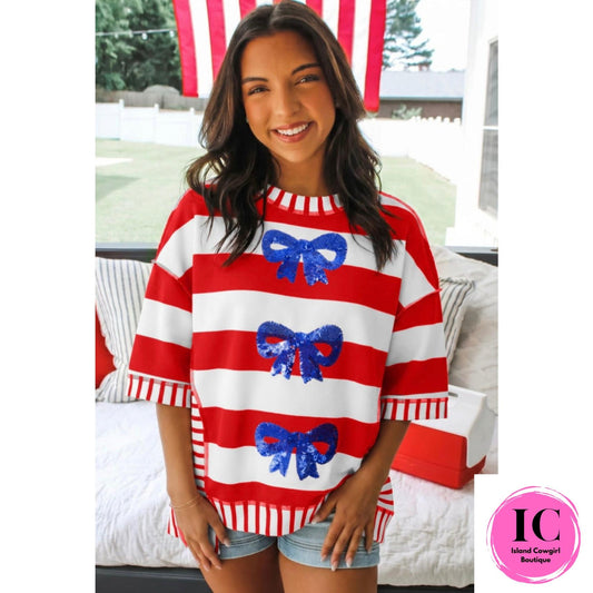 Red Stripe Sequin Bow Top