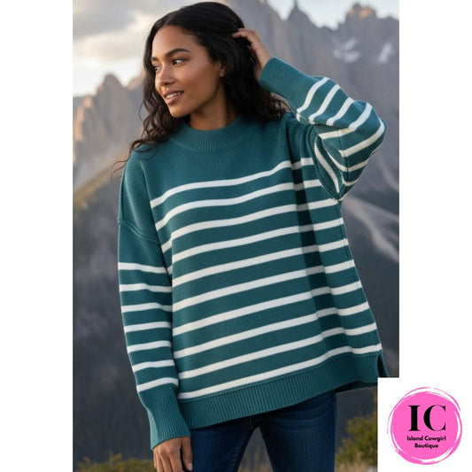 Ready For The Day Teal Striped Sweater