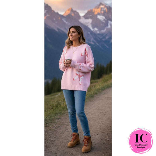 Just A Feeling Pink Bow Print Sweater