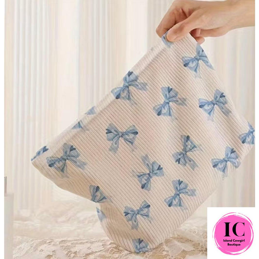 Charming Blue Bow Corduroy Make Up Bag