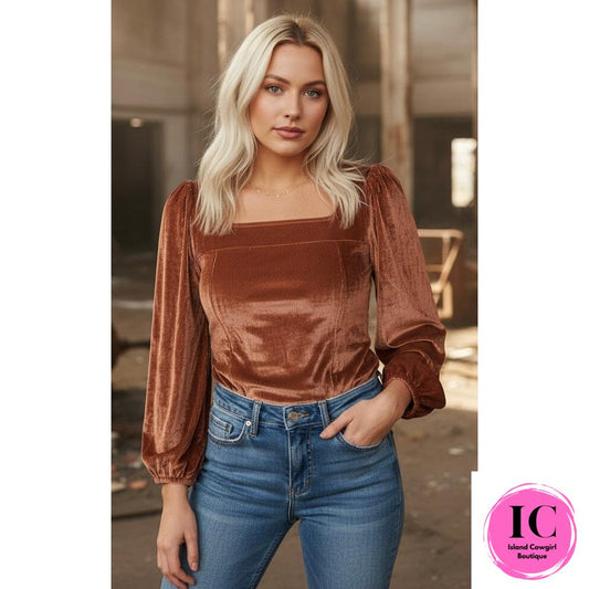 Velvet Ribbed Square Neck Puff Sleeve Top