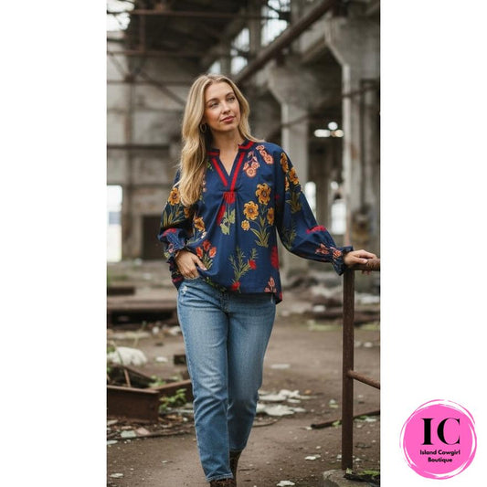 Playful With You Blue Floral Blouse
