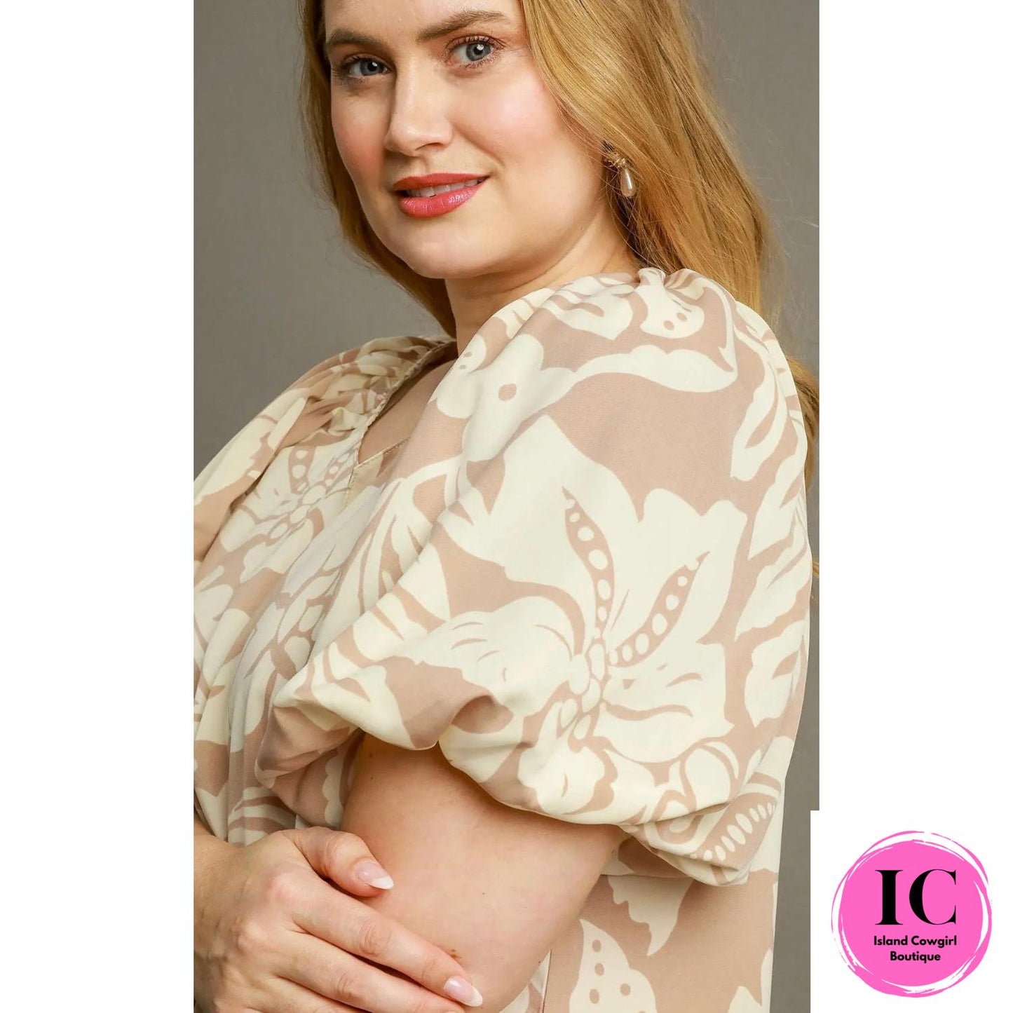 Curvy Girl Sunlit Petals Latte Floral Blouse