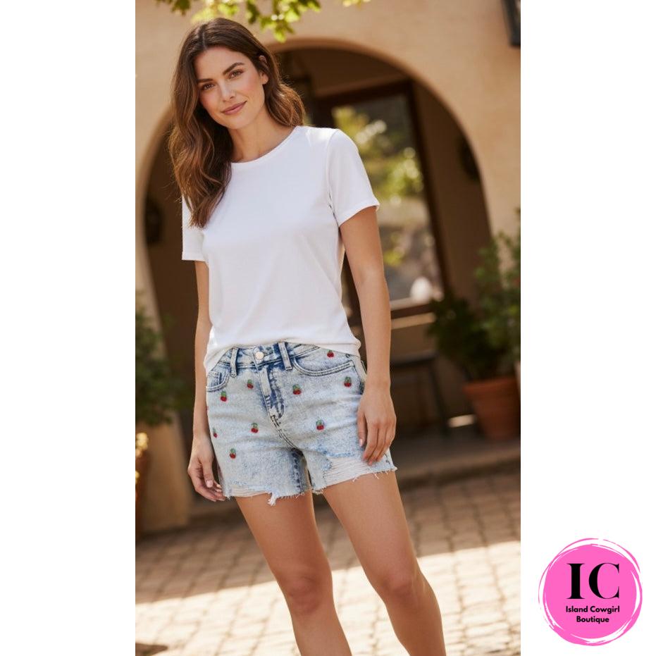 Judy Blue: Cherry Embroidery Acid Wash Shorts