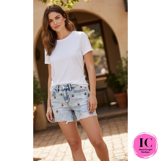 Judy Blue: Cherry Embroidery Acid Wash Shorts