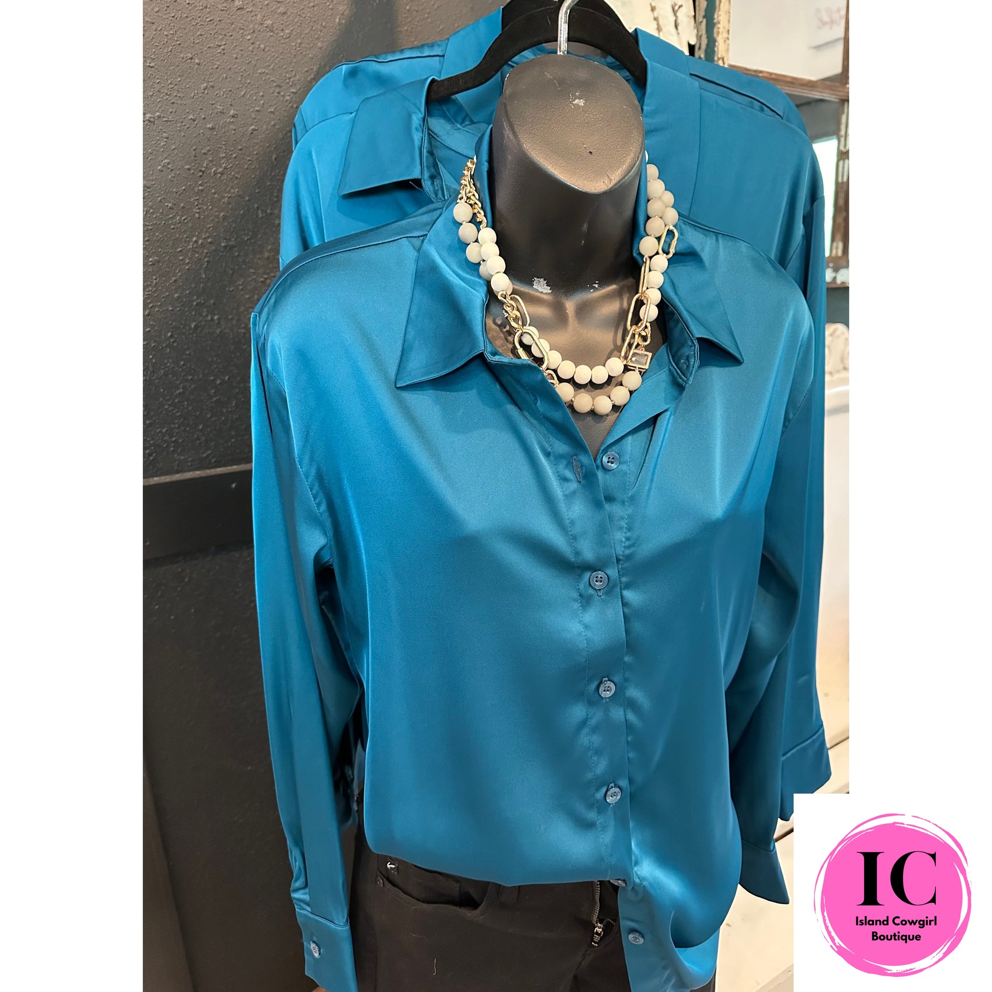 Teal satin blouse shop