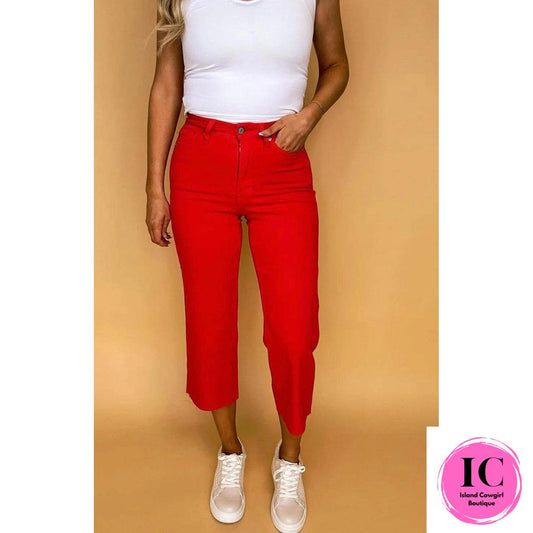 Judy Blue: Going Strong Garment Dyed Red Cropped Jeans