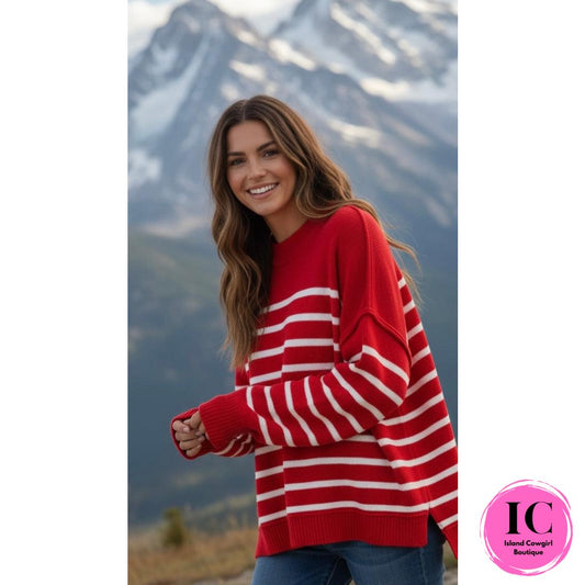 Ready For The Day Red Striped Sweater