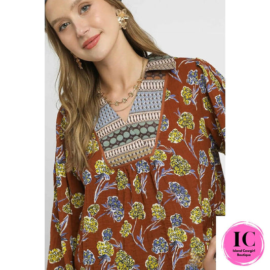 Own The Day Rust Floral Blouse