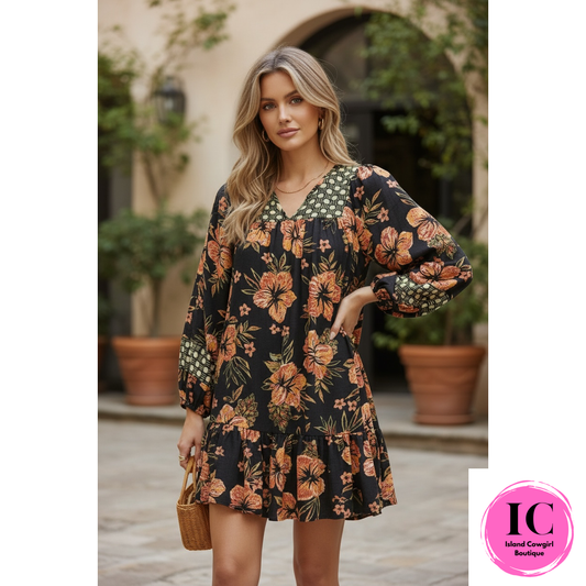 Falling for Florals Black Babydoll Dress