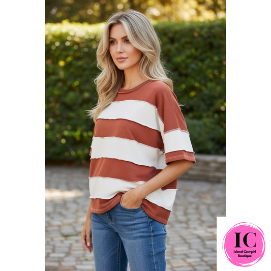 Missing You Here Rust Striped Top