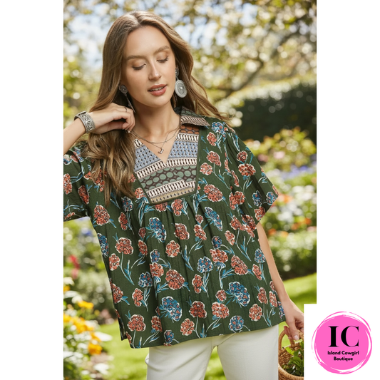 Own The Day Green Floral Blouse