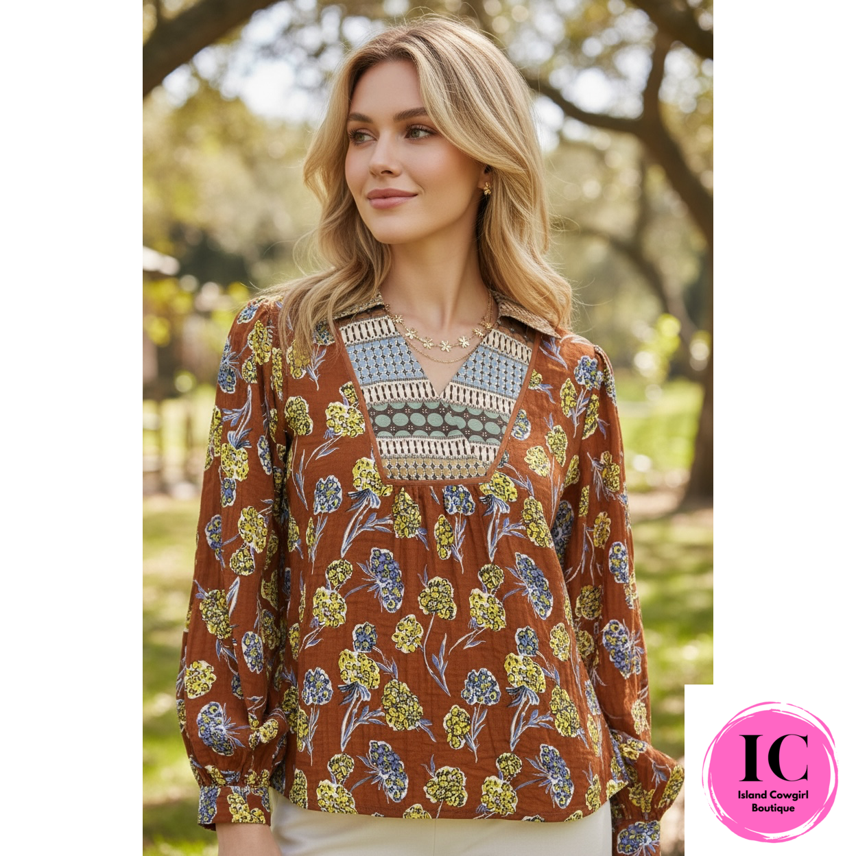 Own The Day Rust Floral Blouse