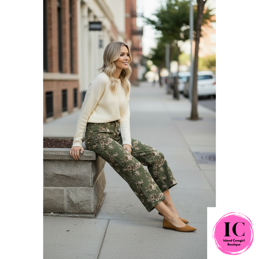 Living For This Olive Floral Wide Leg Jeans