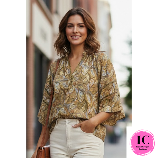 Curvy Girl Into Fall Olive Mixed Blouse