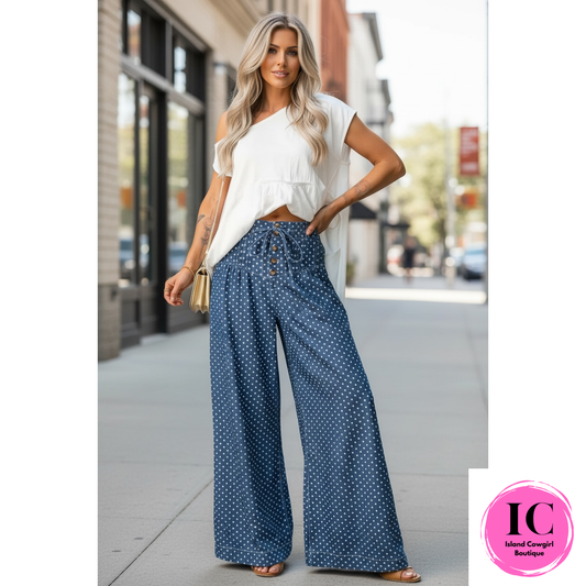 Polka Dot Print Button Pleated Wide Leg Pants