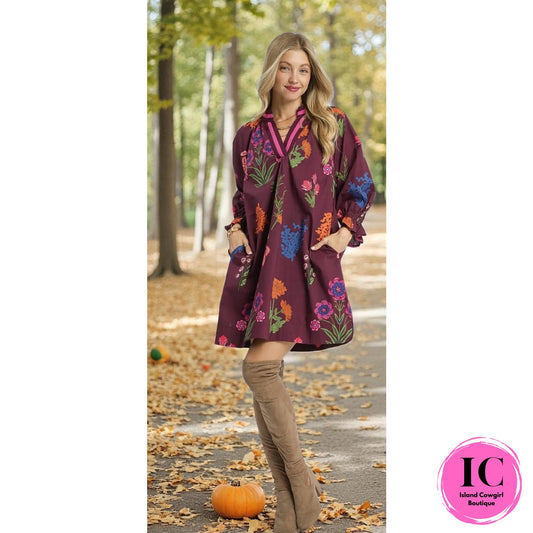 Harvest Beauty Burgundy Floral Dress