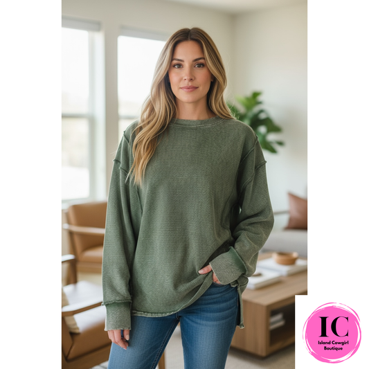 Everyday Every Way Olive Acid Wash Sweatshirt