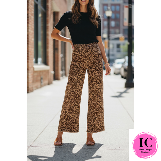 Mid Rise Leopard Denim Frayed Hem Pants