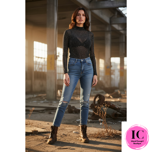 Elegant Sheer Star Patterned Long Sleeve Top