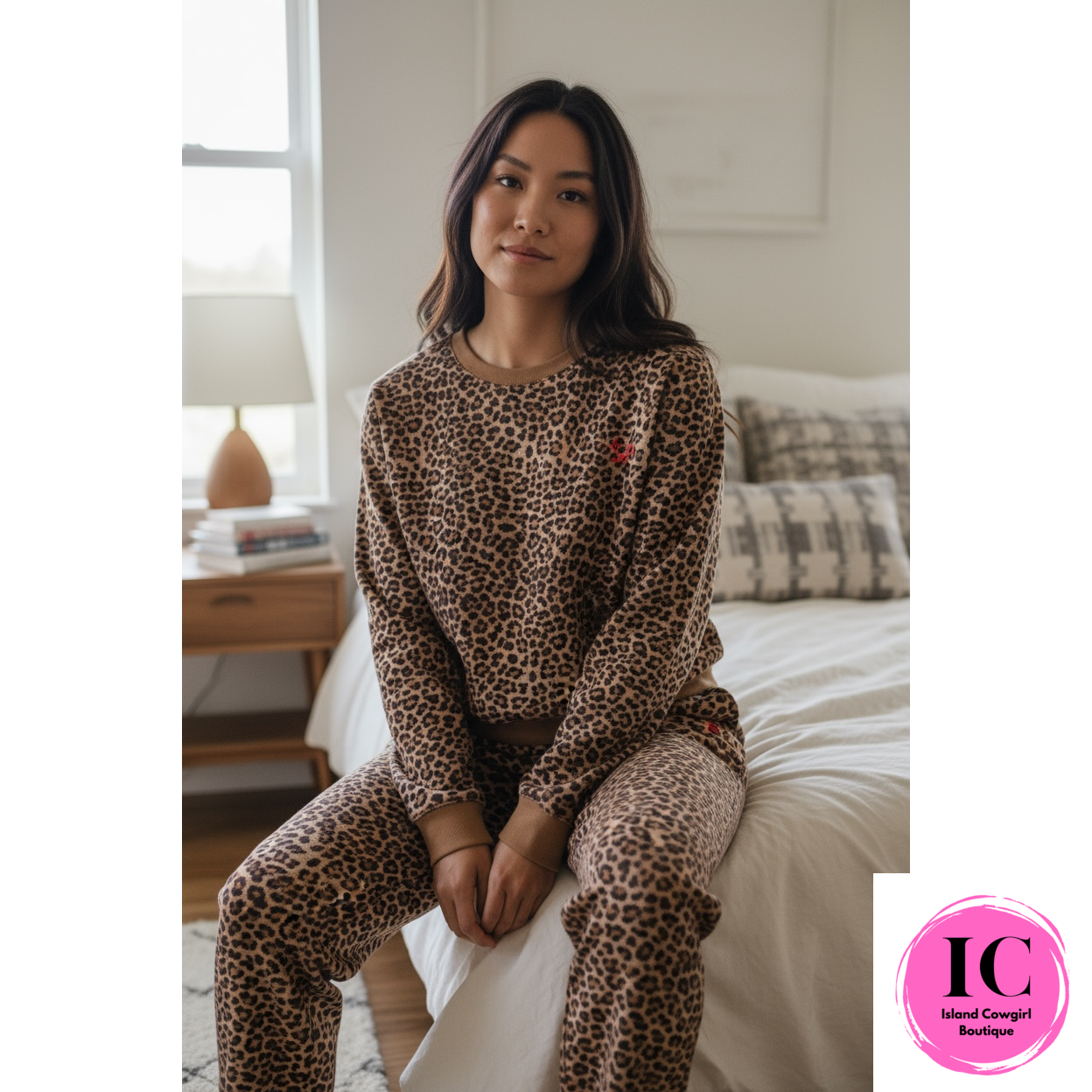 Leopard Bow Embroidered Pullover and Pants Set