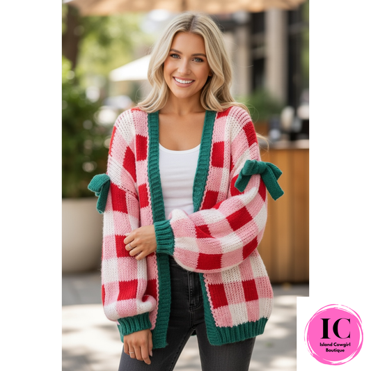 Plaid Bow Open Front Sweater Knit Cardigan