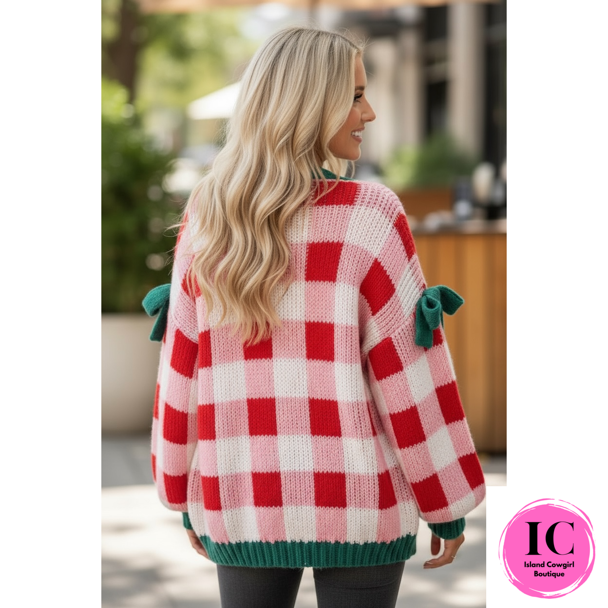 Plaid Bow Open Front Sweater Knit Cardigan