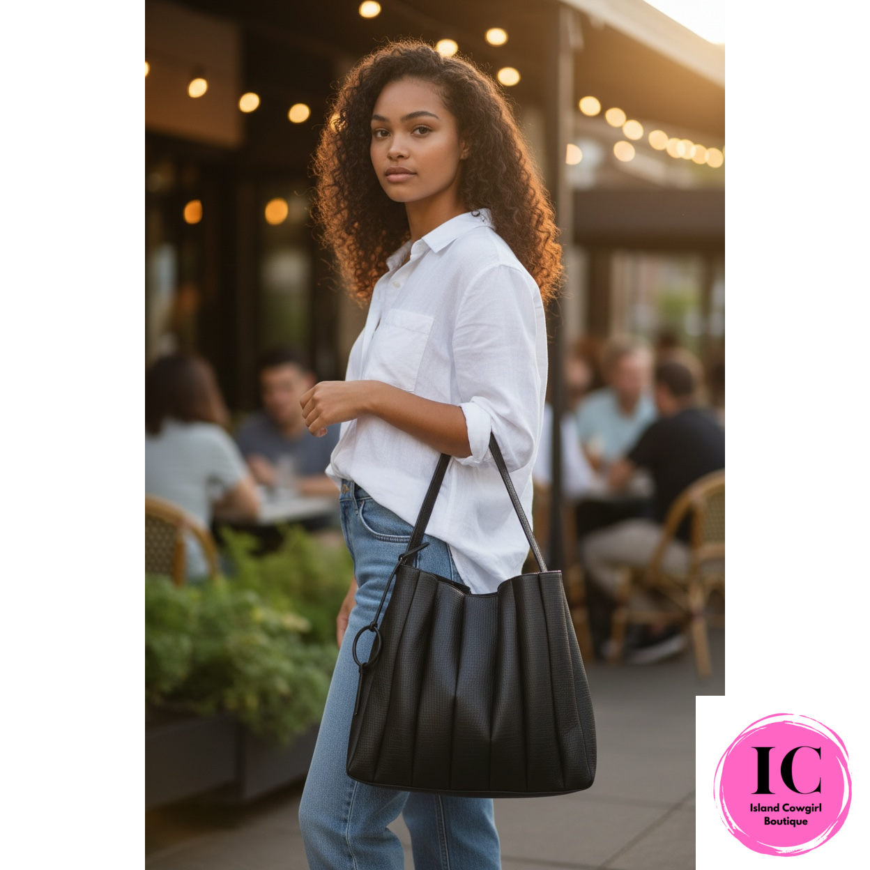 Josie Black Pleated Tote w/ Ring Tassel