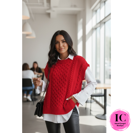Cozy Cable Knit Red Crew Neck Vest