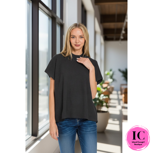 Mock Neck Short Sleeve Boxy Sweater/Black