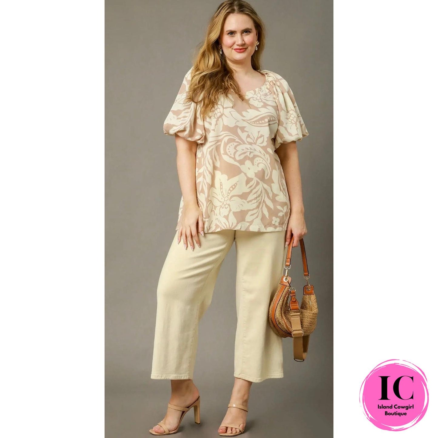 Curvy Girl Sunlit Petals Latte Floral Blouse