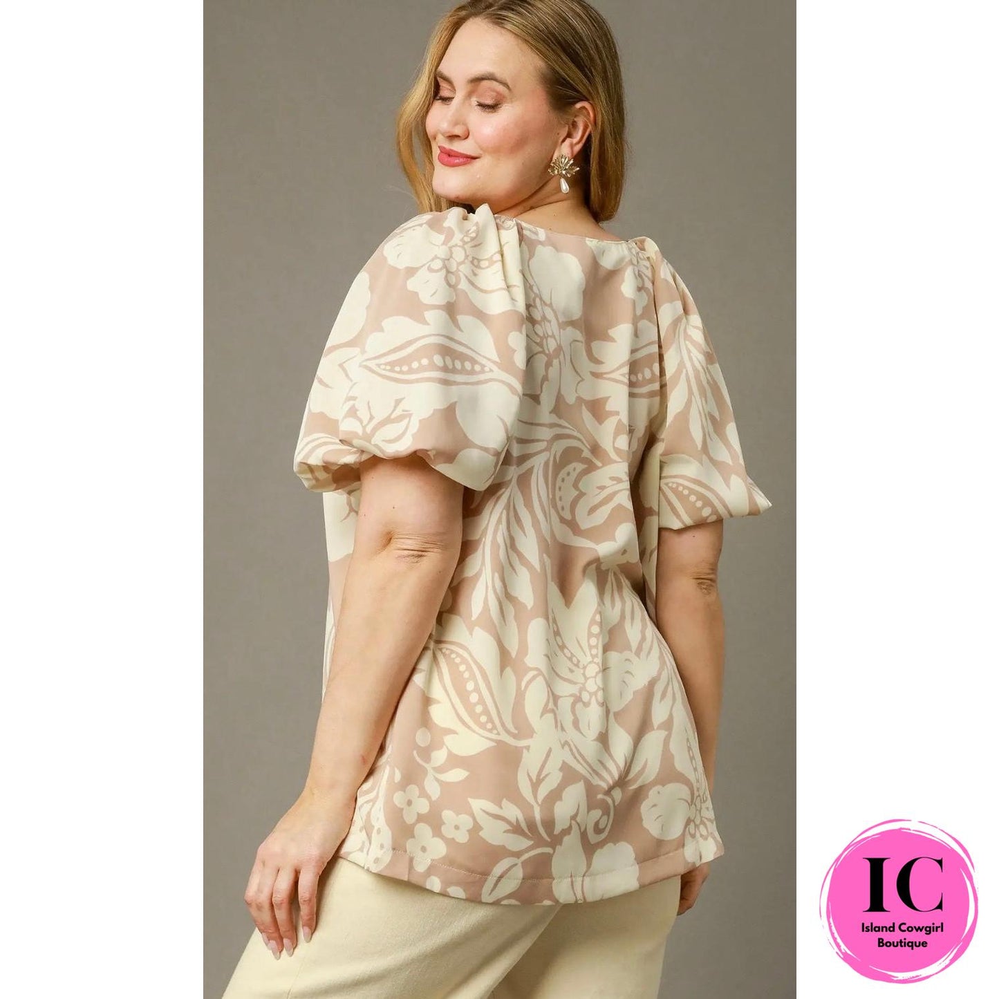 Curvy Girl Sunlit Petals Latte Floral Blouse