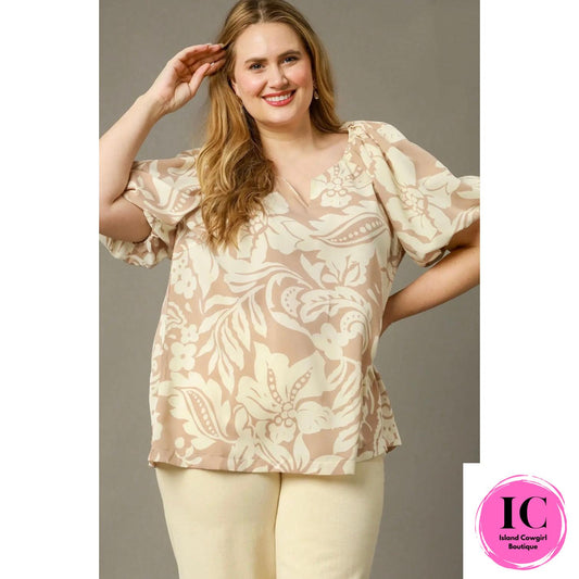 Curvy Girl Sunlit Petals Latte Floral Blouse