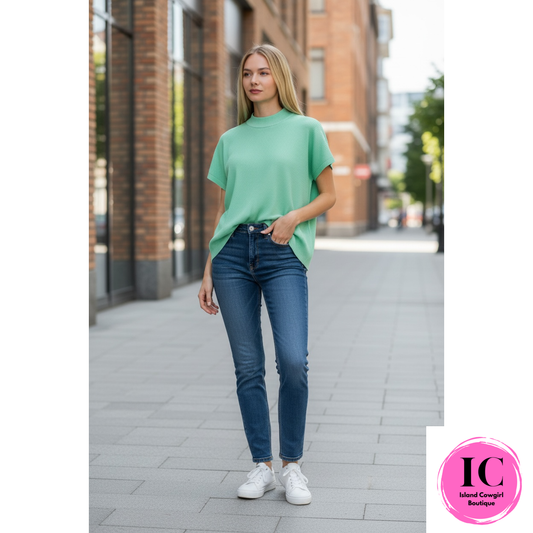 Mock Neck Short Sleeve Boxy Sweater/Mint