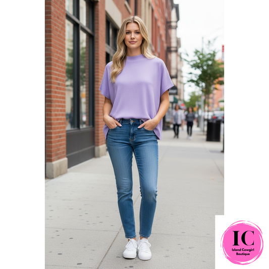 Mock Neck Short Sleeve Boxy Sweater/Lavender