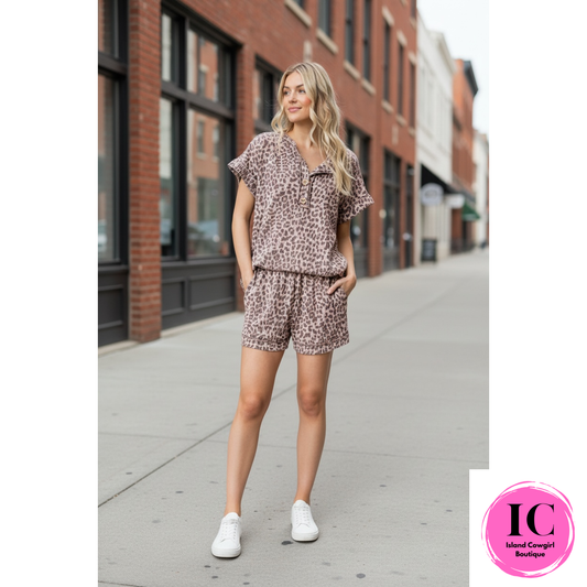 The Keeper Taupe Leopard Rib Short Set