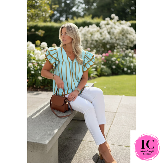 Sky Blue Stripe Ruffled Blouse