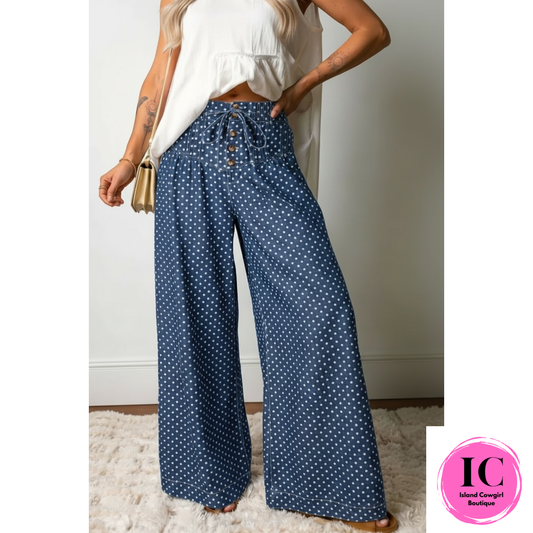 Polka Dot Print Button Pleated Wide Leg Pants