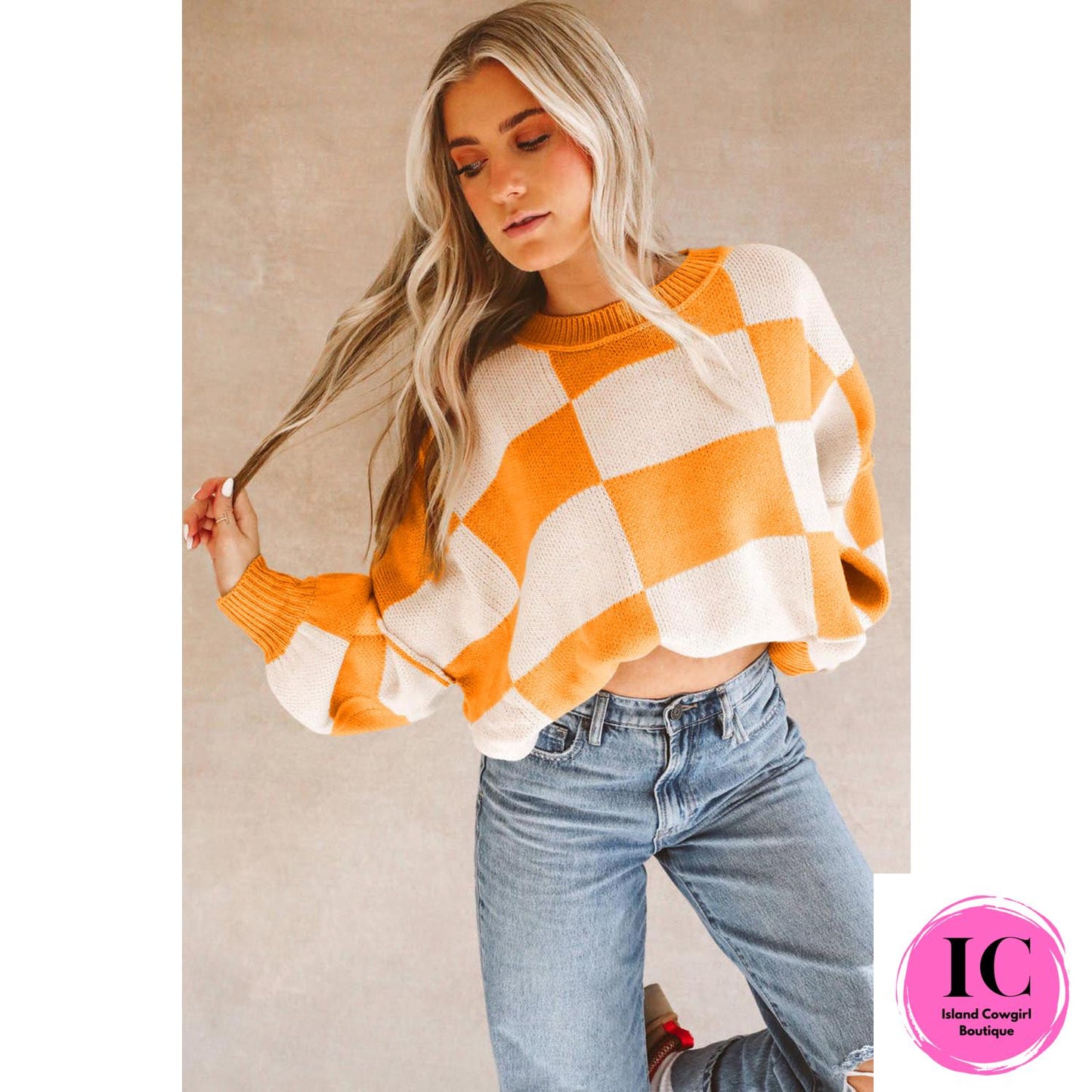 Dark Brown Checkered Bishop Sleeve Sweater