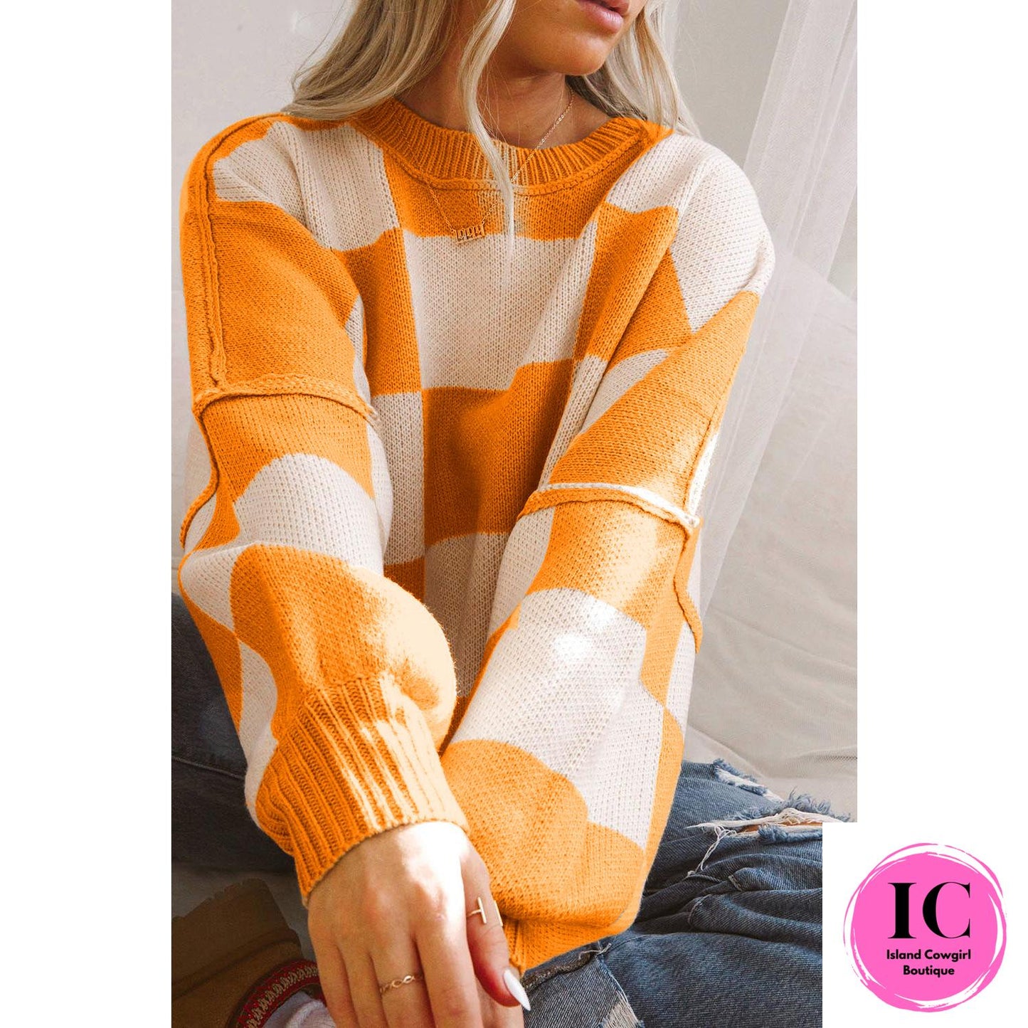 Dark Brown Checkered Bishop Sleeve Sweater