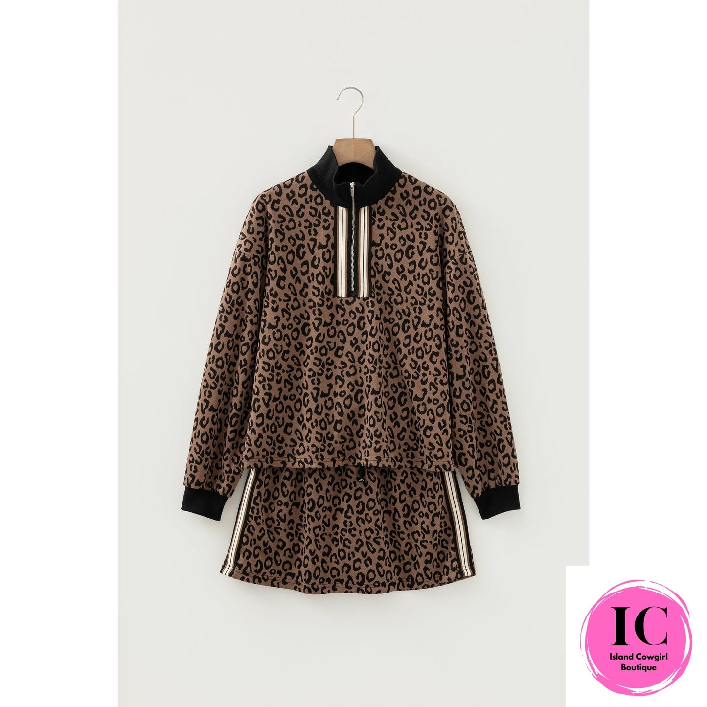 Khaki Leopard Print Quarter Zip Long Sleeve Top Mini Skirt Set