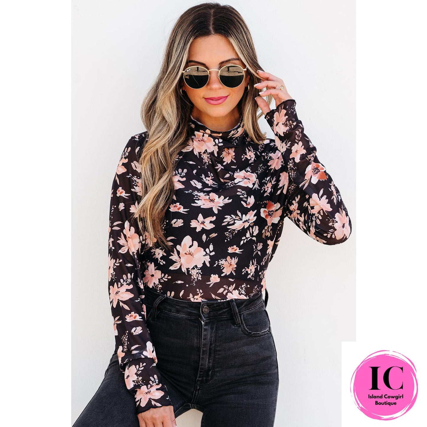 Black Floral Mesh Mock Neck Long Sleeve Slim Fit Top