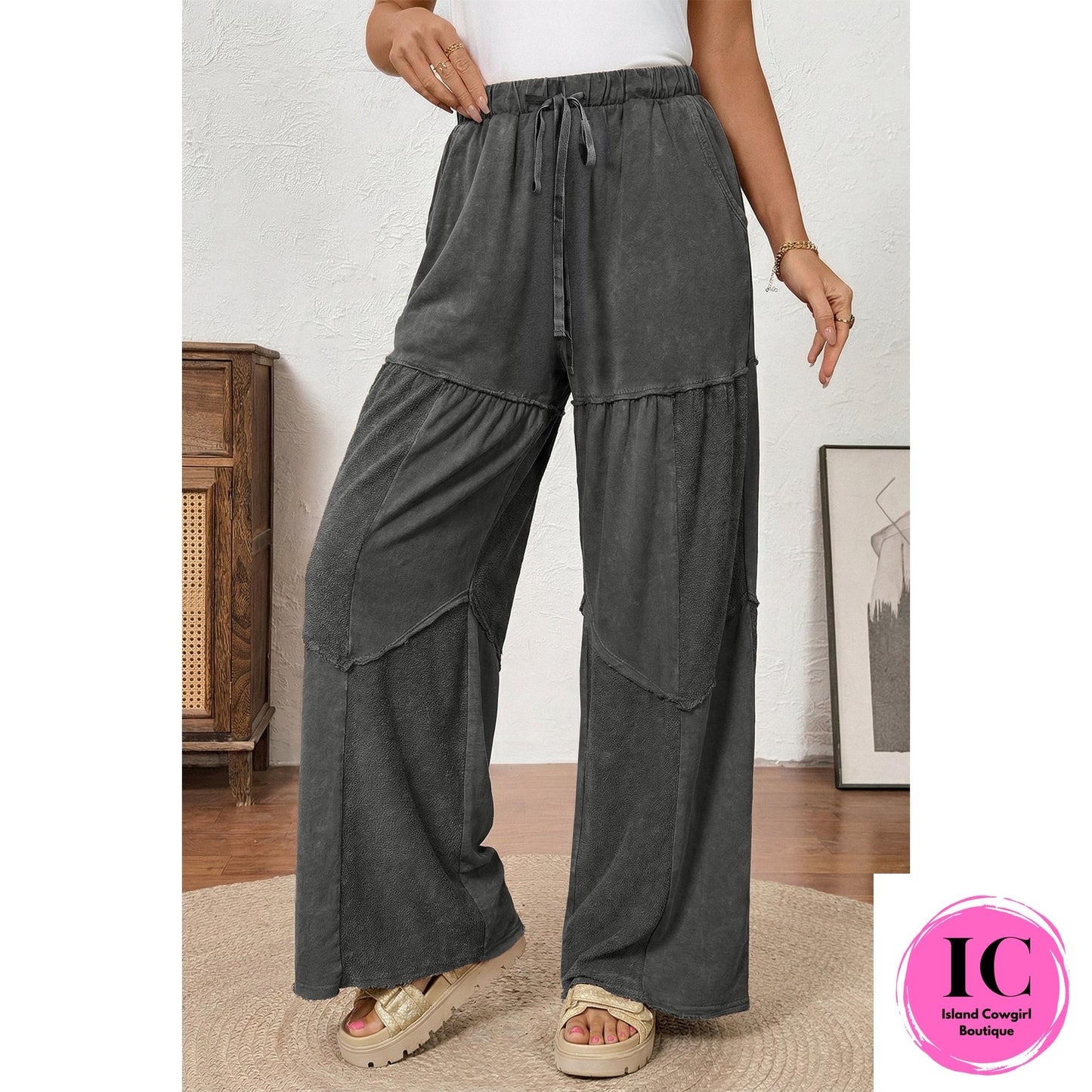 Black Mineral Wash Tiered Wide Leg Patchwork Drawstring Pants