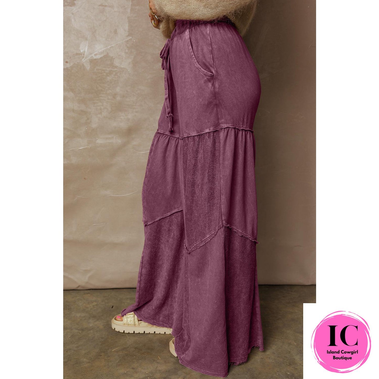 Wild Ginger Careys Mineral Wash Tiered Wide Leg Patchwork Drawstring Pants