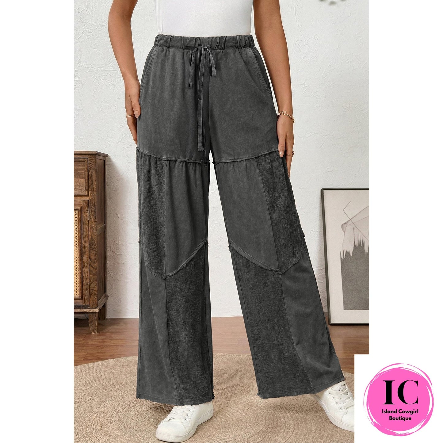Black Mineral Wash Tiered Wide Leg Patchwork Drawstring Pants