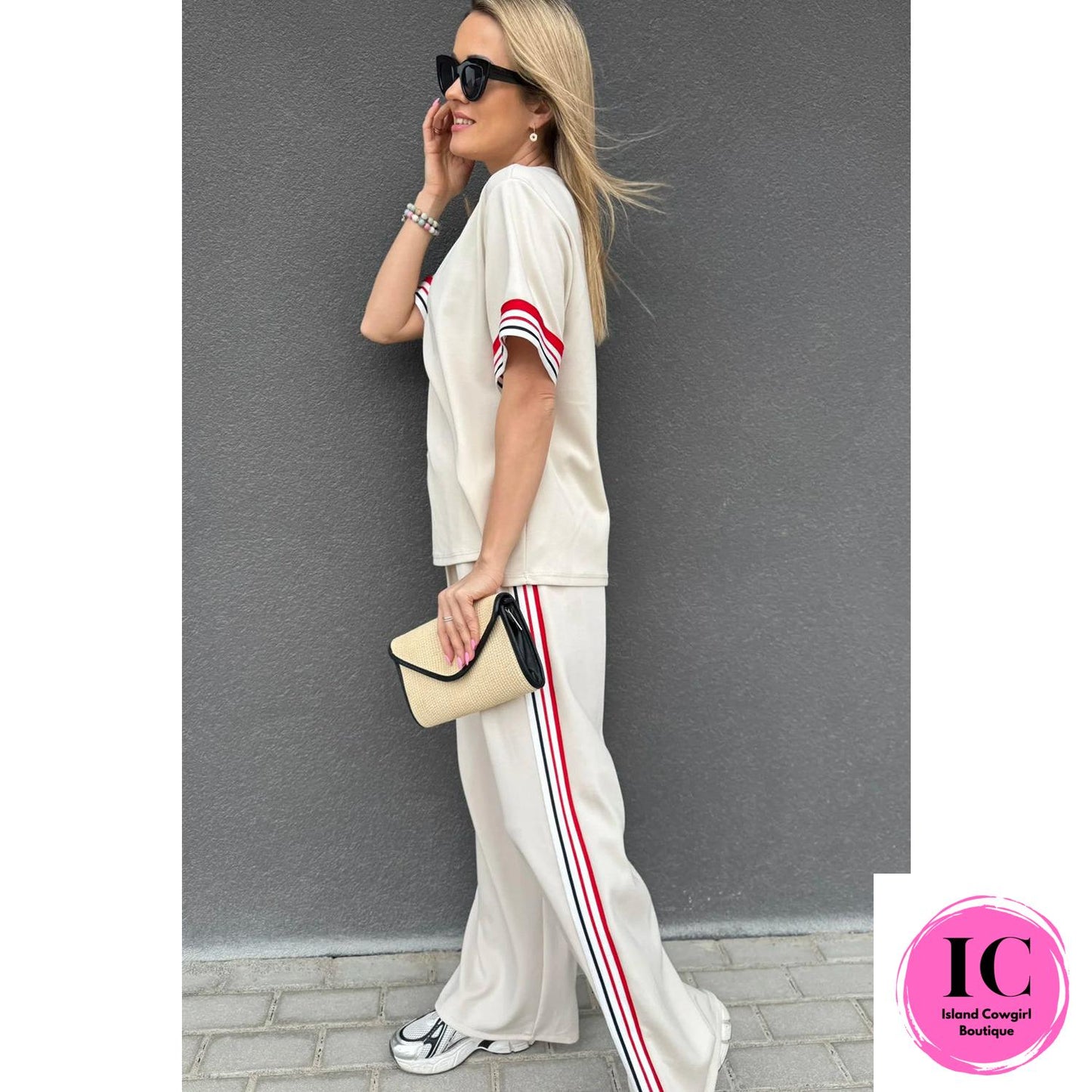 Jet Stream Contrast Striped Trim Crewneck T Shirt Loose Straight Pants Set