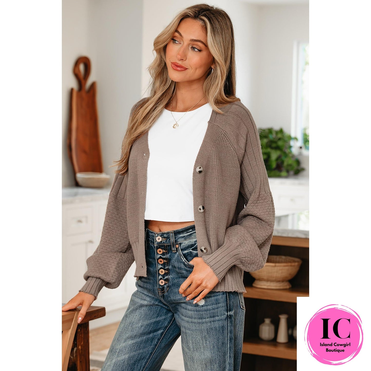 Light Pink Mixed Texture Knit Button V Neck Sweater Cardigan