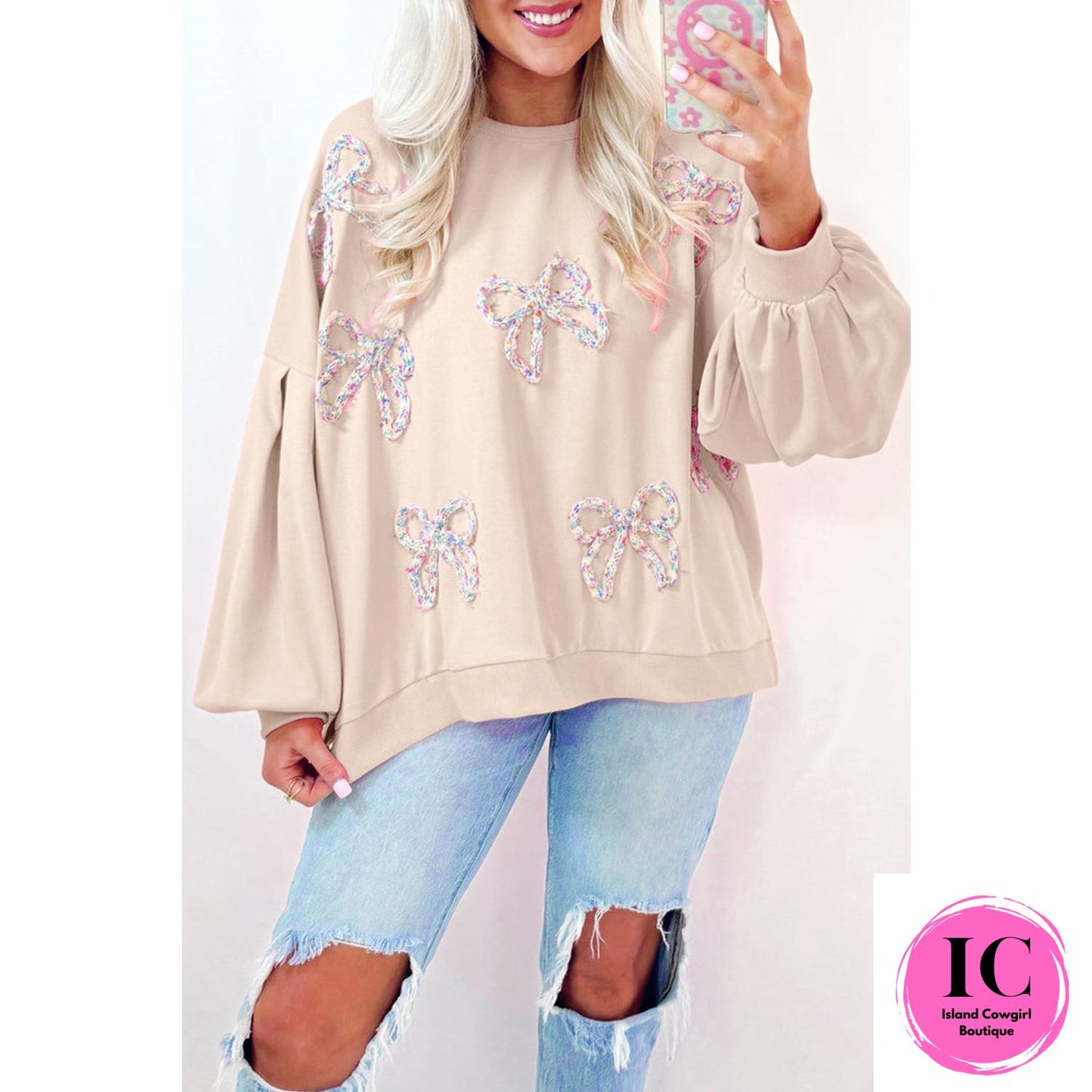 Light Pink Embroidered Bow Lantern Sleeve Oversized Pullover Sweatshirt