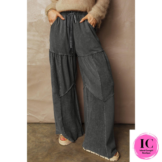 Black Mineral Wash Tiered Wide Leg Patchwork Drawstring Pants