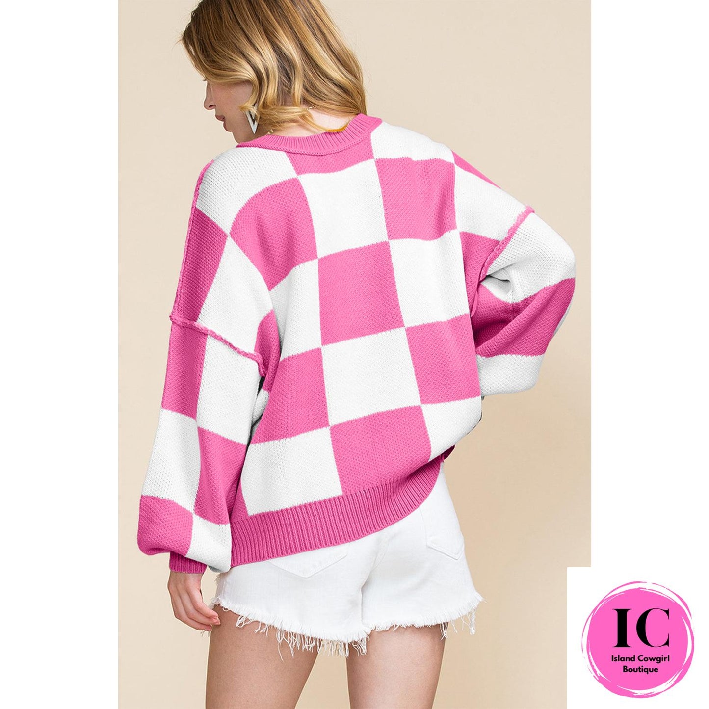 Dark Brown Checkered Bishop Sleeve Sweater